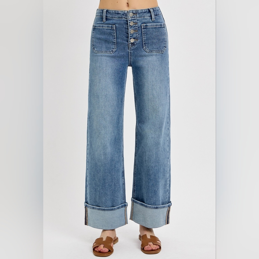 Risen HR Medium Wash Button Fly Patch Pocket Cuffed Wide Leg Jeans Various NEW - Picture 2 of 6